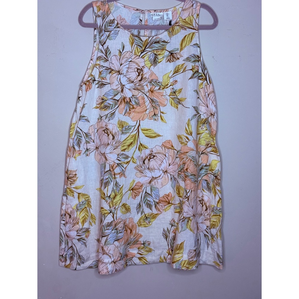 Nicole Miller New York Womens Large 100% Linen Floral Sleeveless Shift Dress NWT